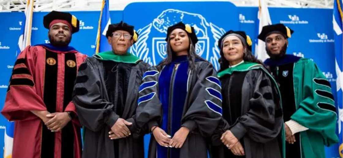 Photos of a man and his three children who are PhD holders.