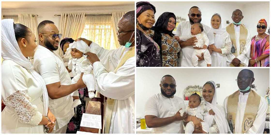 Olakunle Churchill, wife share photos from son's baptism. Olakunle Churchill, wife share photos from son's baptism.