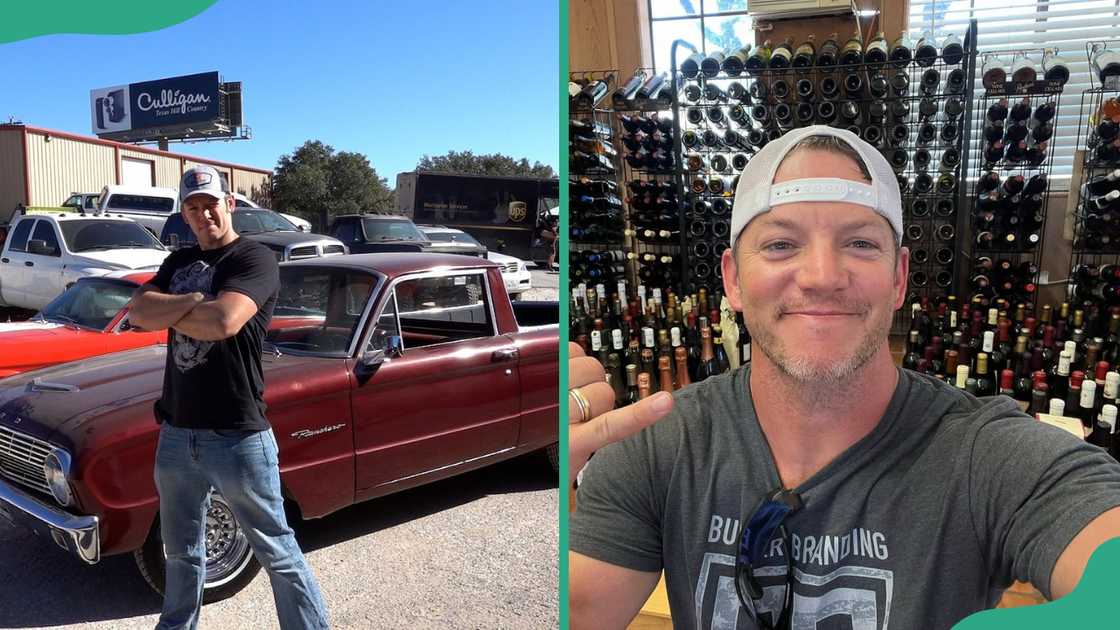 Matt Carriker standing at a parking lot and in a wine shop.