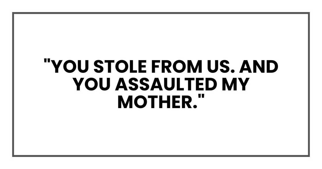 "You stole from us. And you assaulted my mother." "You stole from us. And you assaulted my mother."