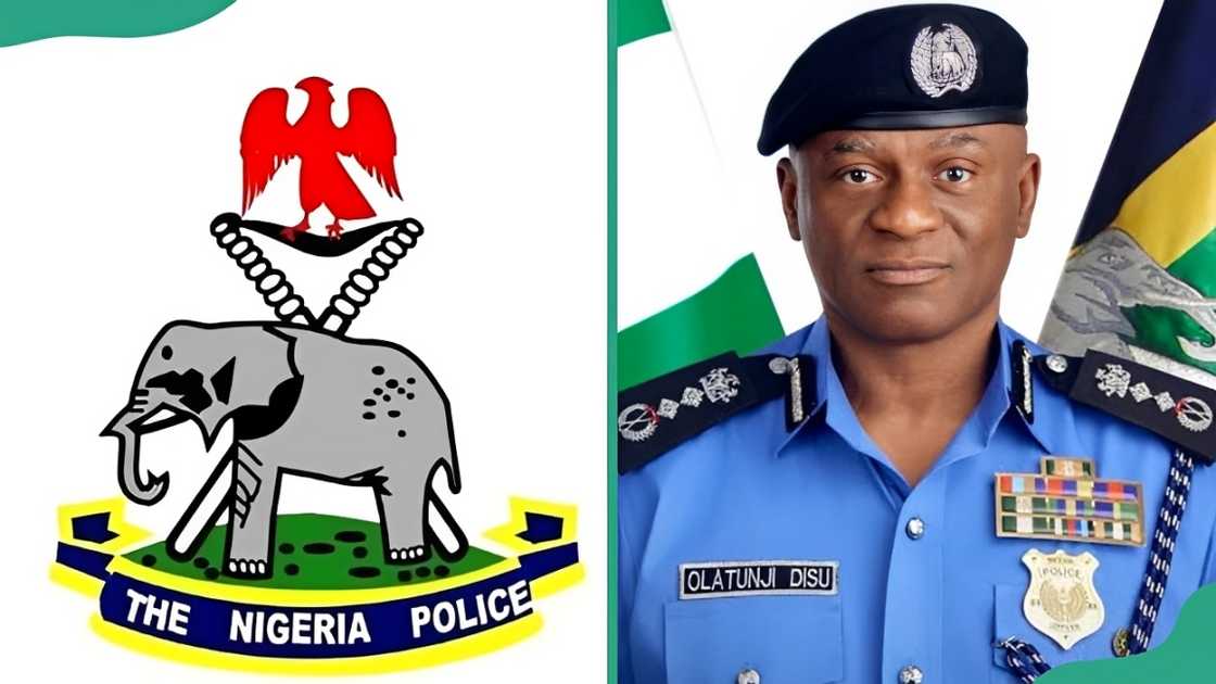 The Nigerian Police Force official emblem and a high-ranking officer Olatunji Disu The Nigerian Police Force official emblem and a high-ranking officer Olatunji Disu