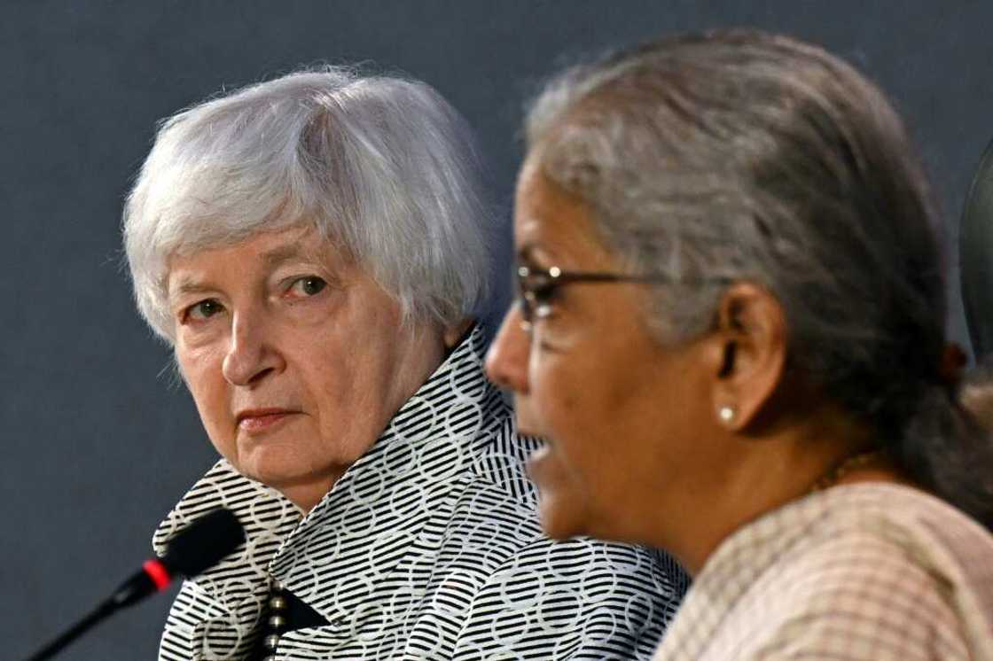 US Treasury Secretary Janet Yellen (L) listens to India's Finance Minister Nirmala Sitharaman during a press conference at a G20 meeting of finance and central bank chiefs US Treasury Secretary Janet Yellen (L) listens to India's Finance Minister Nirmala Sitharaman during a press conference at a G20 meeting of finance and central bank chiefs
