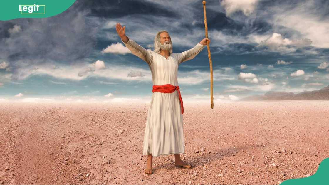 Moses raises his arms and prays to God during the Exodus of Jews from Egypt