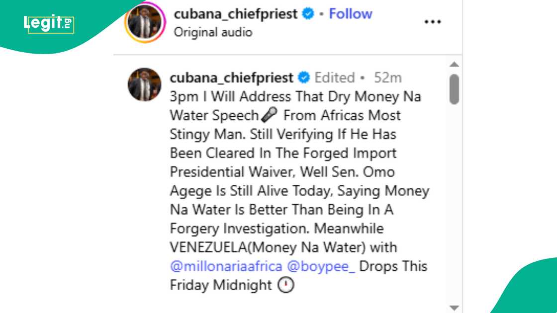 Cubana Chiefpriest defends his 'money na water' slang. Cubana Chiefpriest defends his 'money na water' slang.