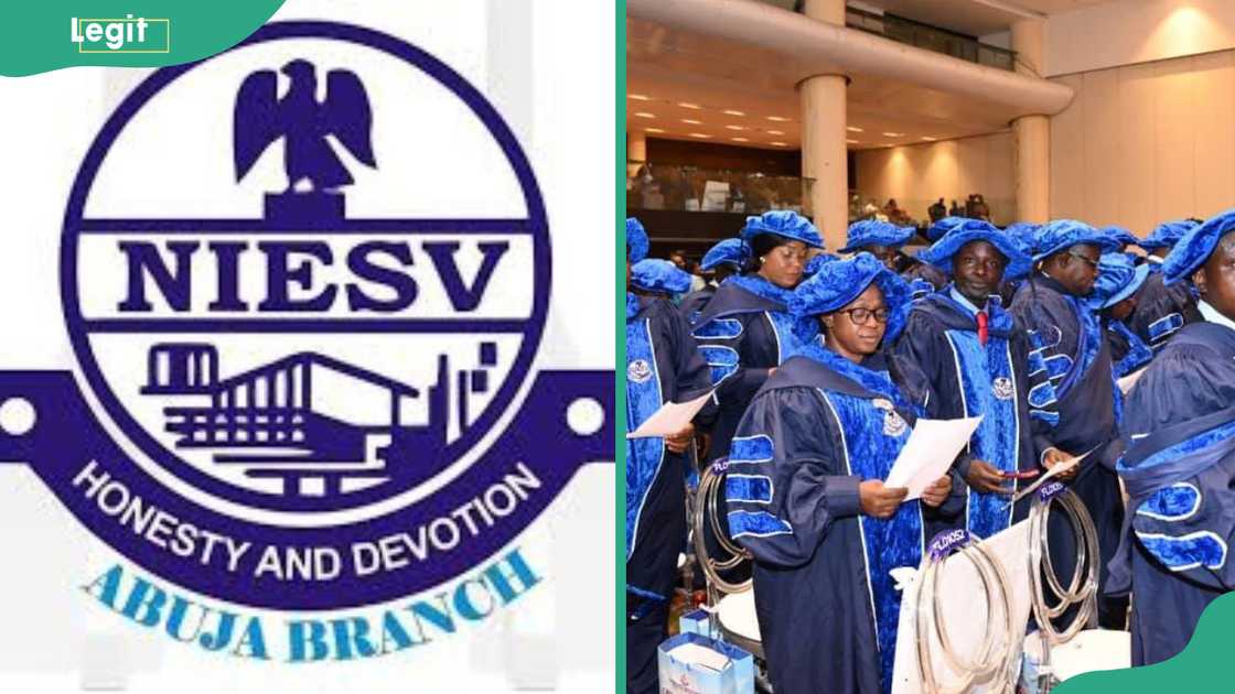 Logo of the Nigeria Institute of Estate Surveyors and Valuers (NIESV) and graduands. Logo of the Nigeria Institute of Estate Surveyors and Valuers (NIESV) and graduands.