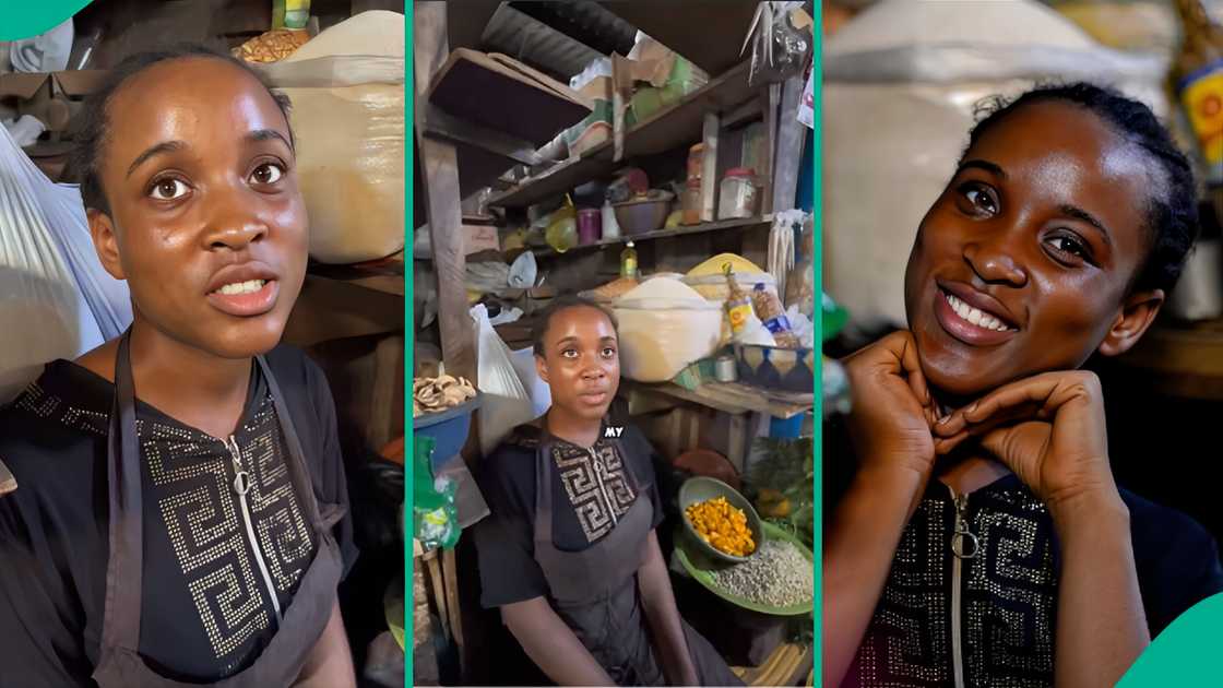 Men rush to contribute money for a beautiful lady selling foodstuffs in the market.
