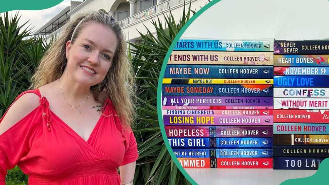 Colleen Hoover enjoying a moment at her home (L). A collection of her novels (R)