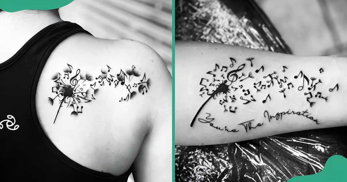 Dandelion tattoos on the back (L) and arm (R) featuring musical notes as the blown seeds.