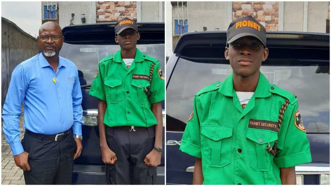 The Nigerian dad shares photos of his son dressed in a security uniform.
Photo source: LinkedIn/Felix The Nigerian dad shares photos of his son dressed in a security uniform.
Photo source: LinkedIn/Felix