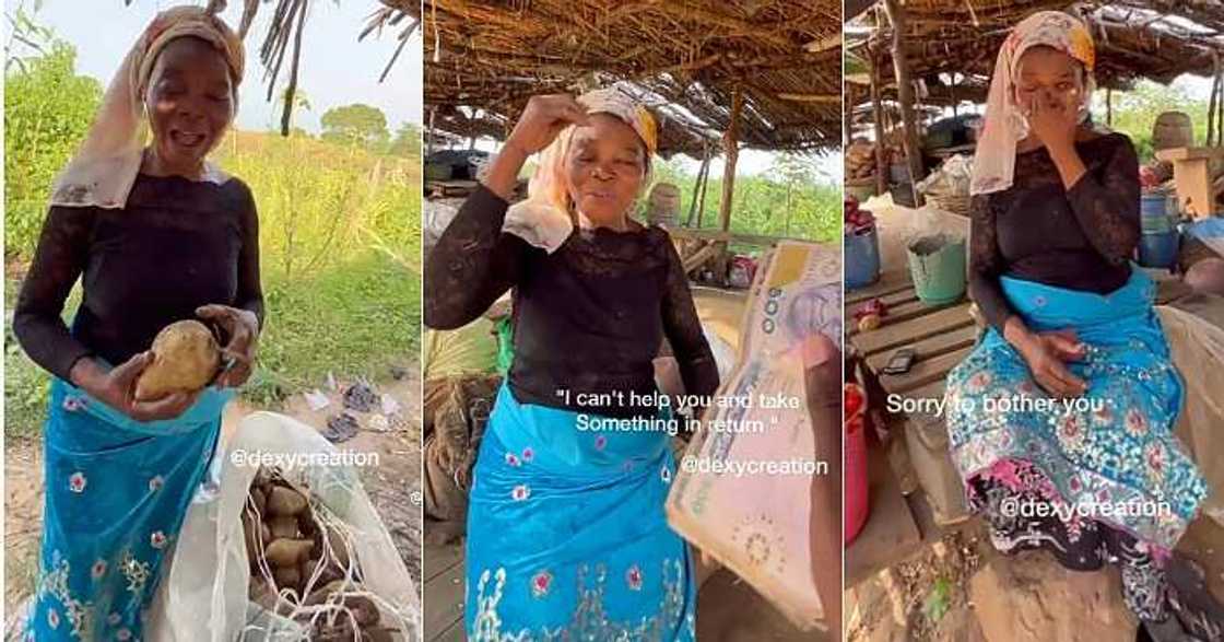 Woman offers free potatoes to man, stranger, kind market woman Woman offers free potatoes to man, stranger, kind market woman