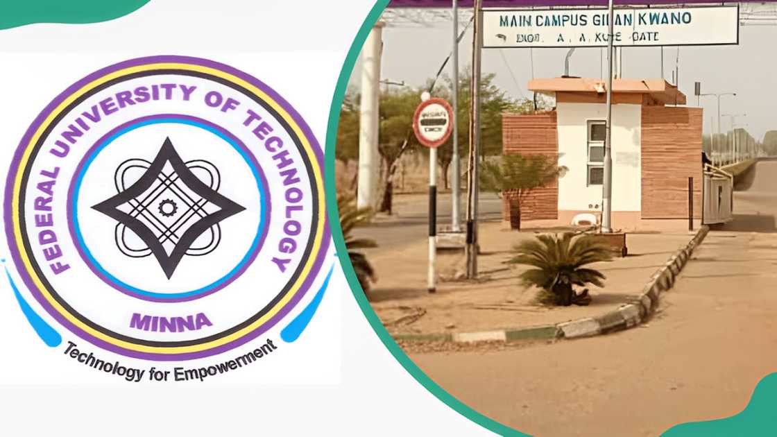 FUTMINNA's logo (L) and view of the main entrance of the main campus, Kwano (R)