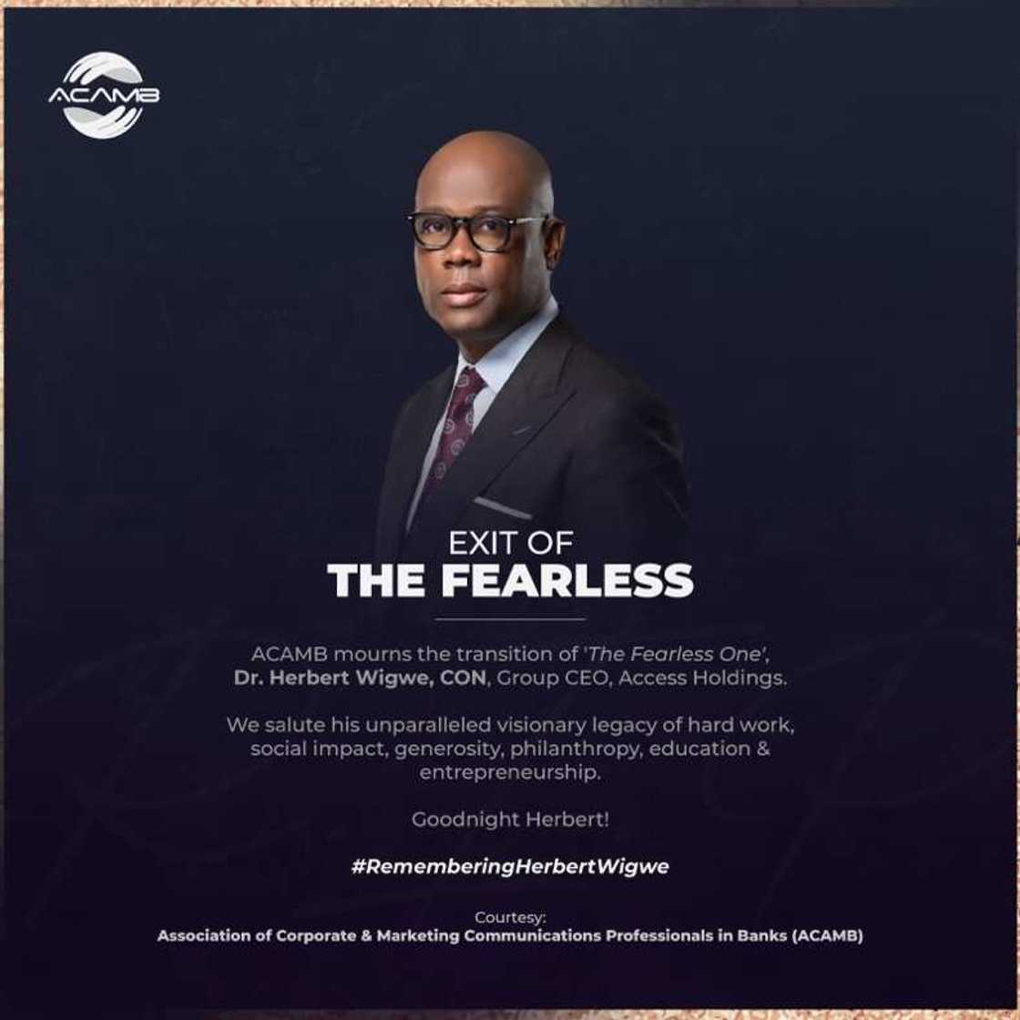 ACAMB Mourns exit of ‘the fearless one’ Dr Herbert Wigwe, CEO of Access Holdings ACAMB Mourns exit of ‘the fearless one’ Dr Herbert Wigwe, CEO of Access Holdings