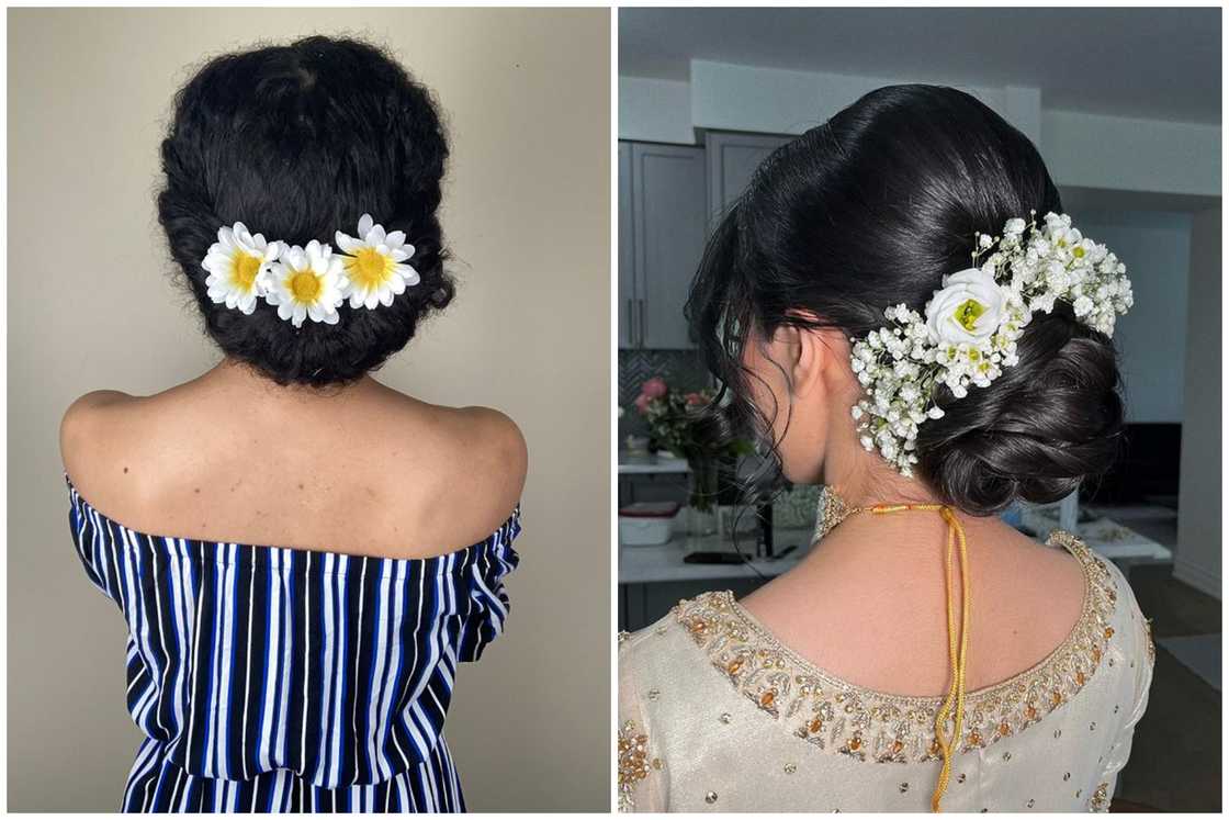 Low bun with a floral finish