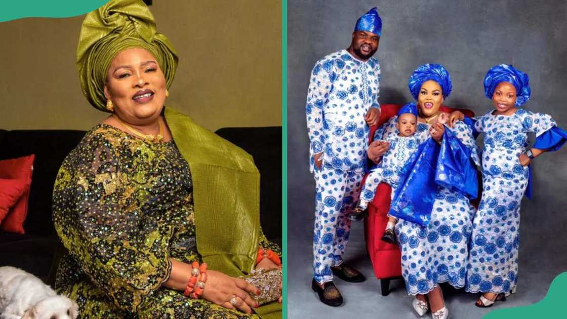 Motunrayo Anikulapo seated on a black sofa (L). Motunrayo with her husband and two children (R) Motunrayo Anikulapo seated on a black sofa (L). Motunrayo with her husband and two children (R)