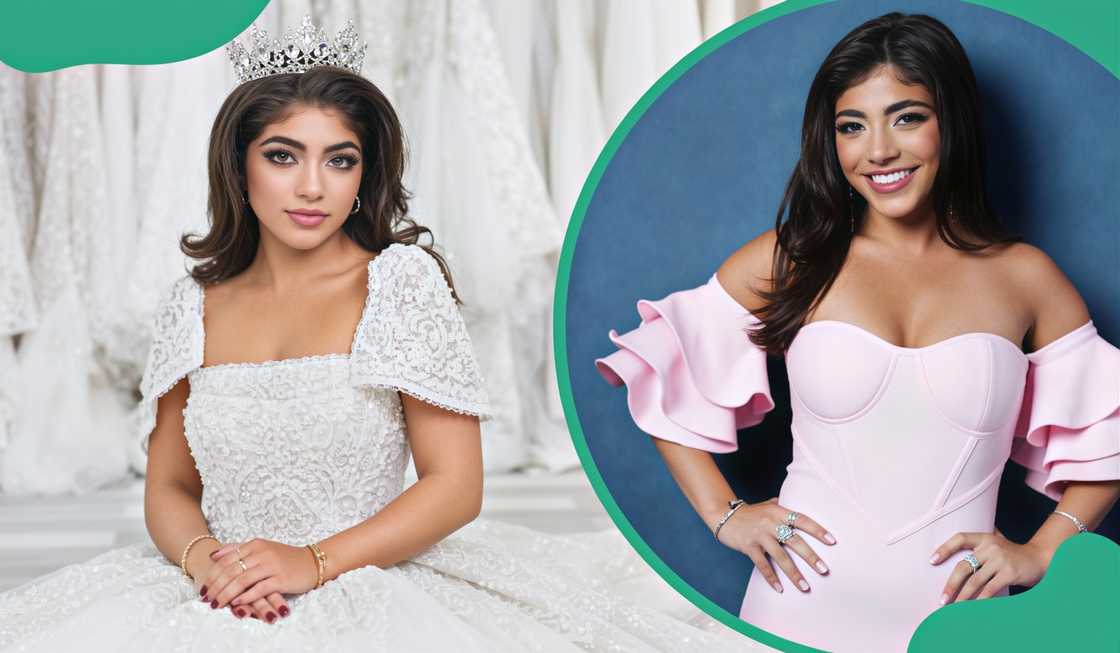 Milania Giudice poses in a bridal gown and a pink dress