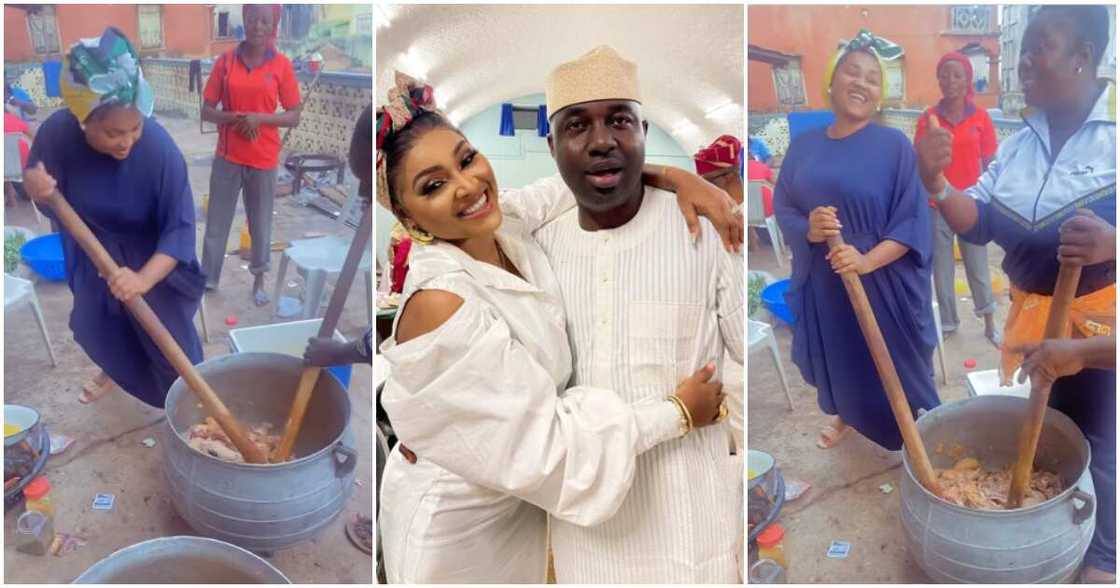 Mercy Aigbe cooking in husband's village Mercy Aigbe cooking in husband's village