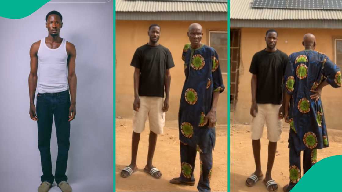 Man shows off his grandpa who is tall. Man shows off his grandpa who is tall.