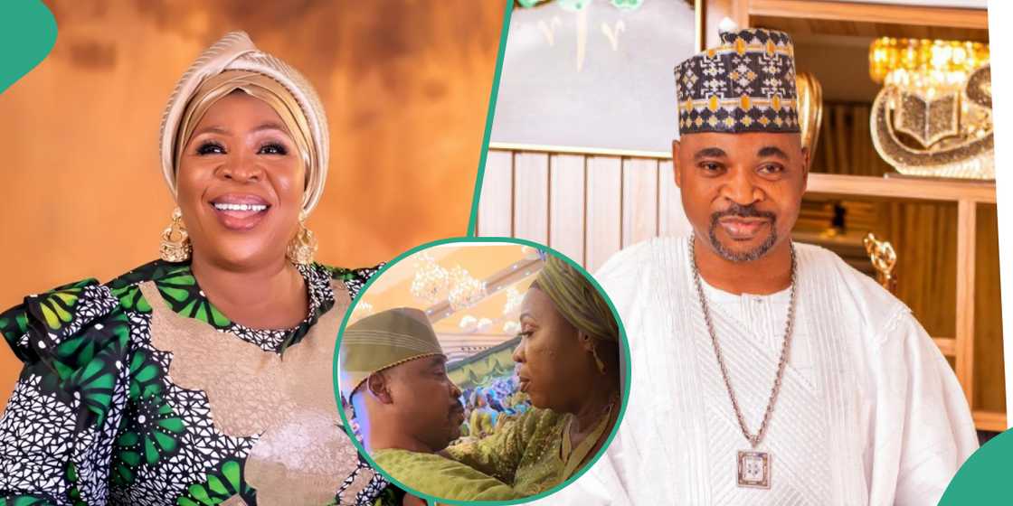 Actress Fausat Balogun cradles MC Oluomo at event Actress Fausat Balogun cradles MC Oluomo at event