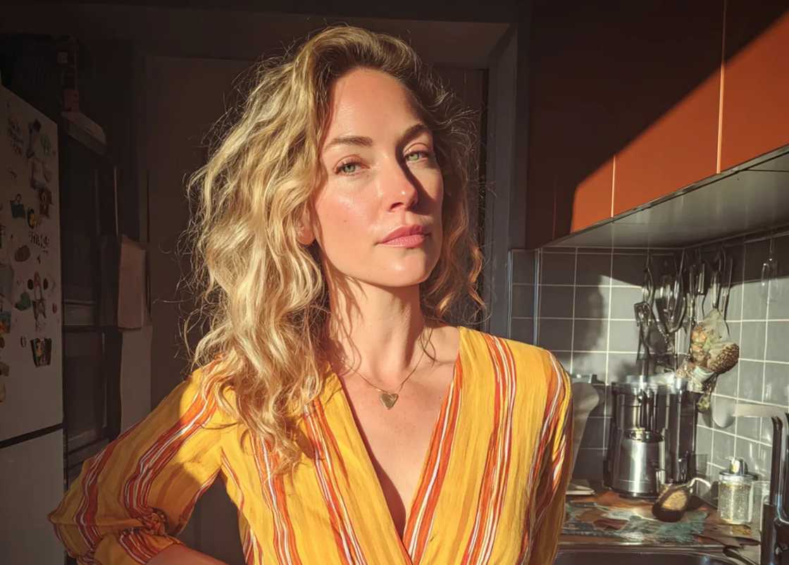 A nonchalant woman standing in a kitchen A nonchalant woman standing in a kitchen