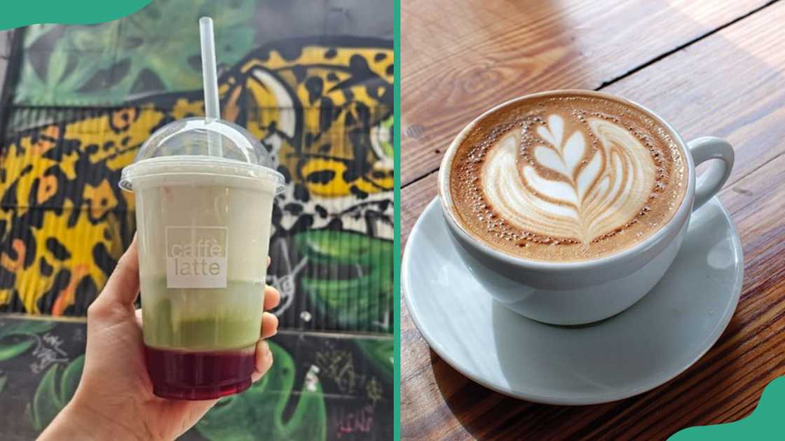 Someone holding a takeaway cut of caffe latte (L) and a cup of cappuccino on a table (R) Someone holding a takeaway cut of caffe latte (L) and a cup of cappuccino on a table (R)