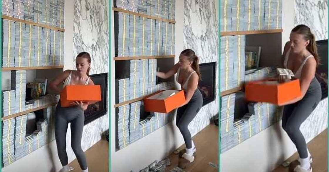 White lady stacks dollar notes inside a shelf