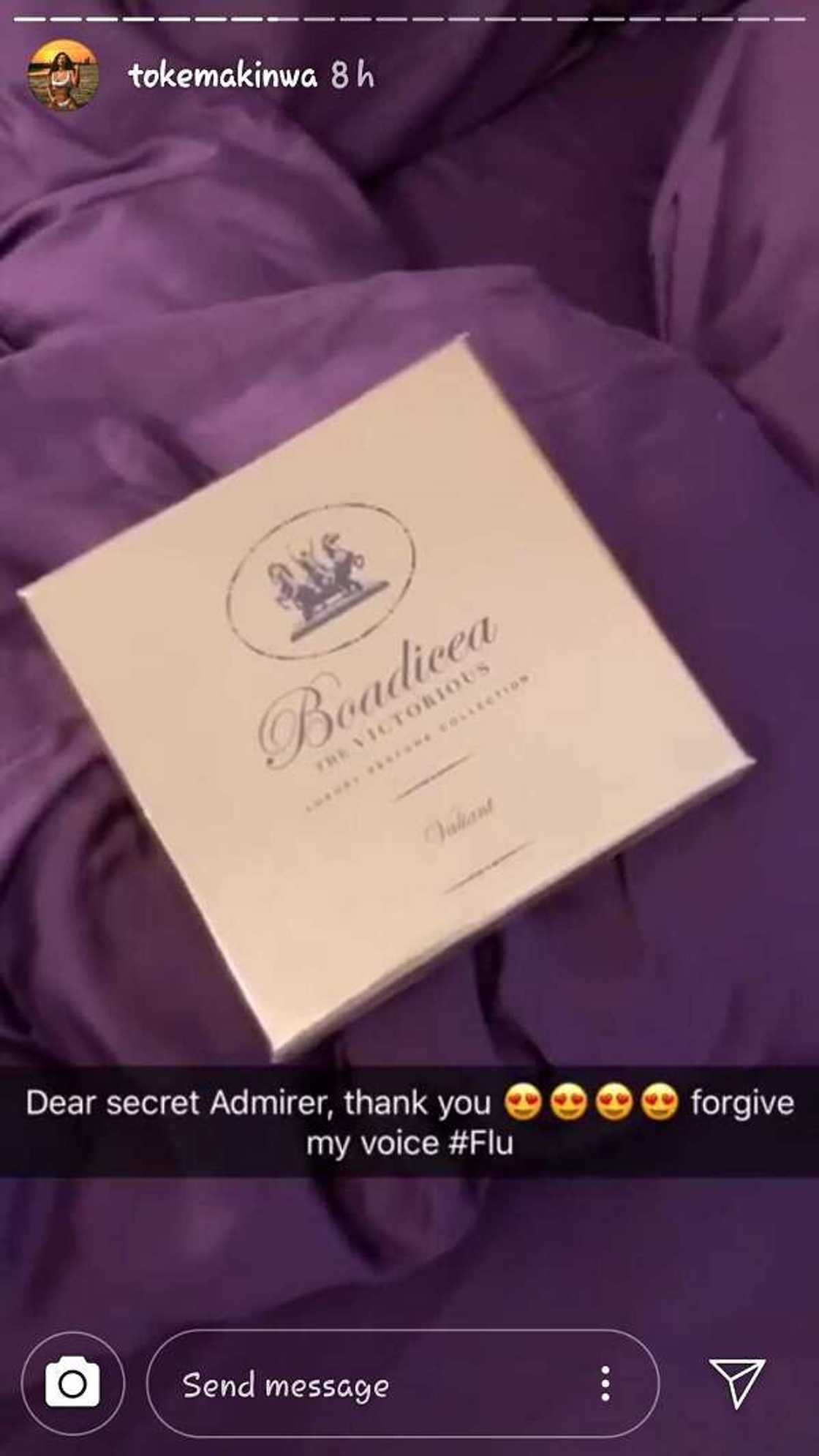Toke Makinwa shows off N460k perfume she received from a secret admirer Toke Makinwa shows off N460k perfume she received from a secret admirer
