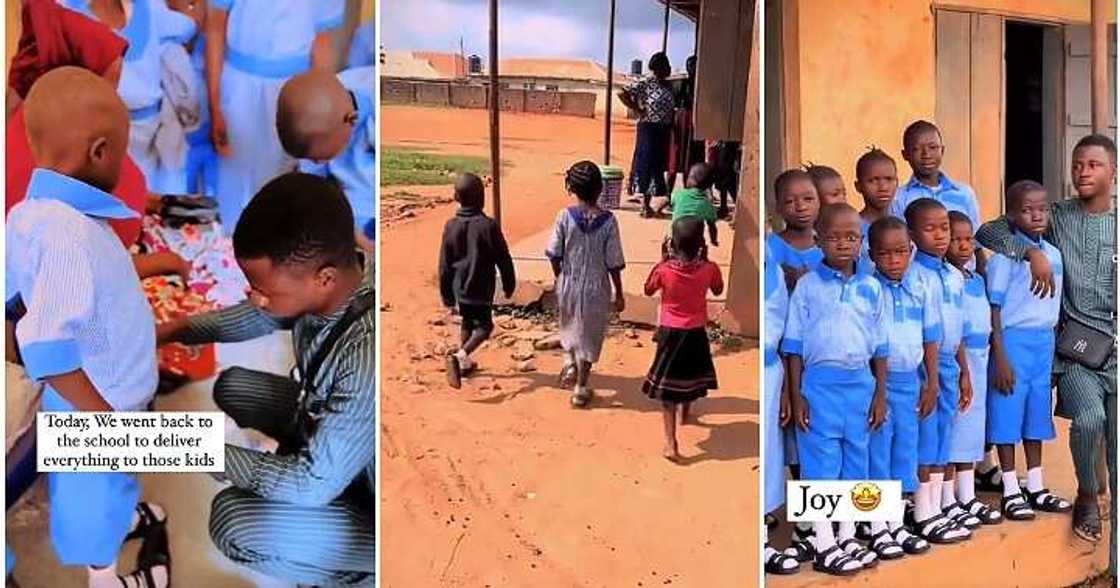 Man surprises pupils, new uniform, socks, birthday