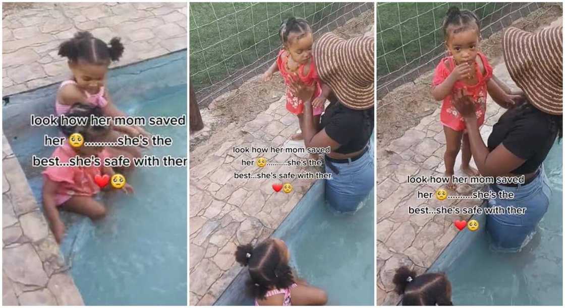 Photos of children and their mother by the poolside.