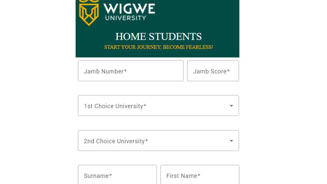 Wigwe University admission portal application page.