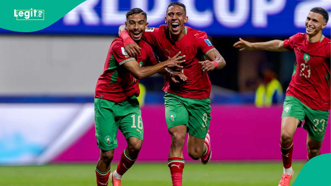 Gessime Yassine of Morocco celebrates 4-2 with Soufiane Rahimi against Haiti. Photo by Pablo Garcia Gessime Yassine of Morocco celebrates 4-2 with Soufiane Rahimi against Haiti. Photo by Pablo Garcia