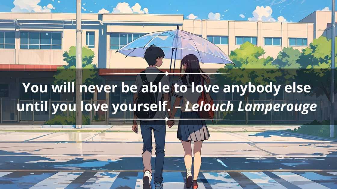 An anime couple in high school is walking under an umbrella