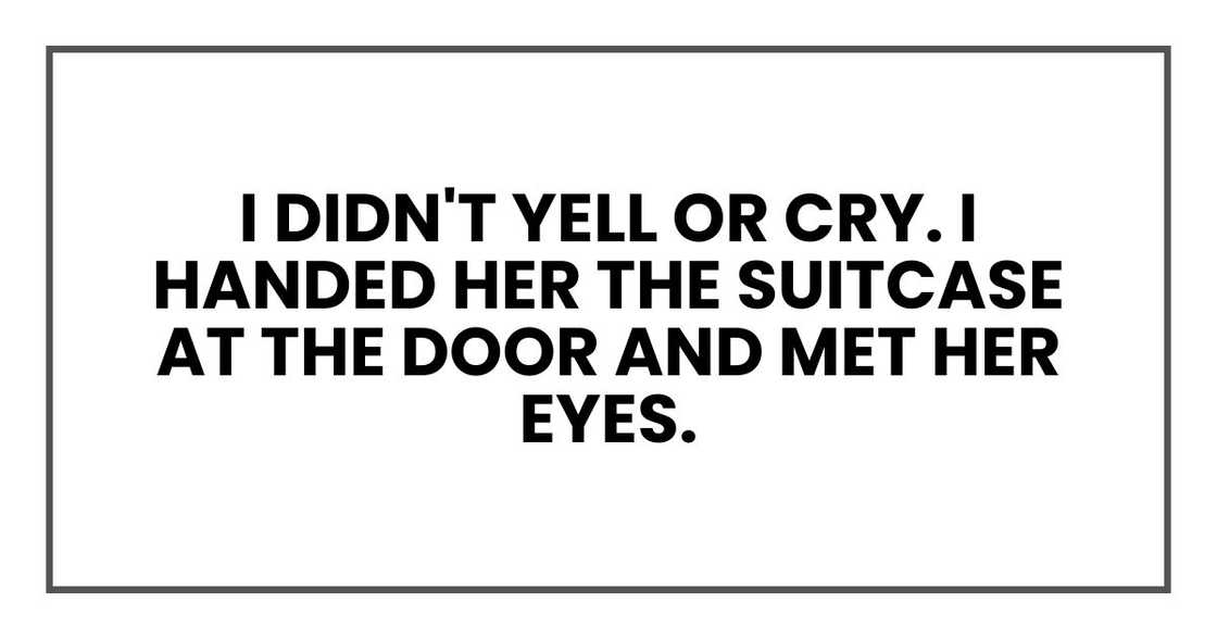 I didn't yell or cry. I handed her the suitcase at the door and met her eyes. I didn't yell or cry. I handed her the suitcase at the door and met her eyes.