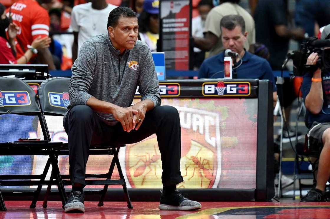 Coach Reggie Theus of the Bivouac looks on during the game against 3's Company during BIG3 - Week Six at Credit Union 1 Coach Reggie Theus of the Bivouac looks on during the game against 3's Company during BIG3 - Week Six at Credit Union 1