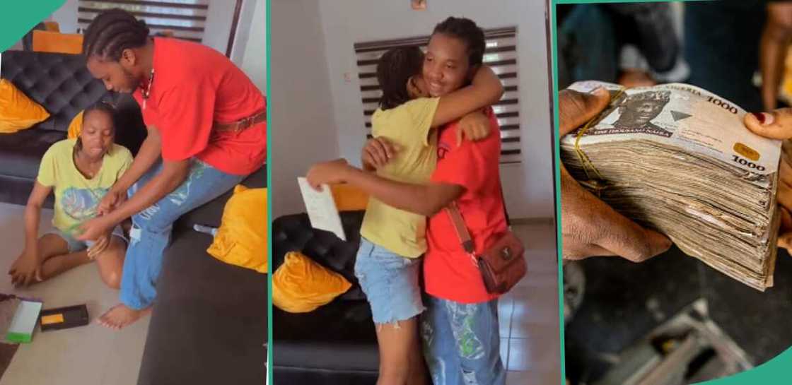 Lady gets new phone from her elder brother. Lady gets new phone from her elder brother.