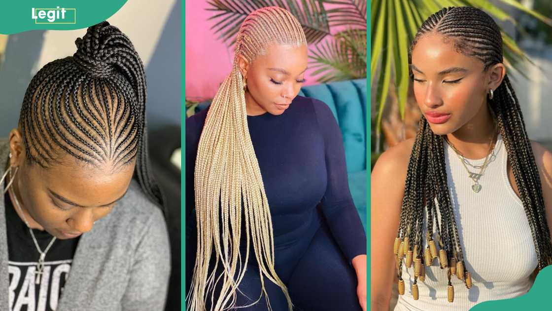 High bun (L), long blonde (C), beaded back (R) cornrows