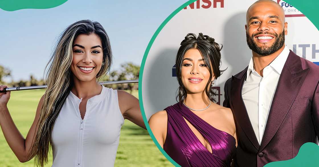 Sarah Jane Ramos poses on a golf course holding an iron. The wine specialist poses standing with her fiancé DakPrescott. Sarah Jane Ramos poses on a golf course holding an iron. The wine specialist poses standing with her fiancé DakPrescott.