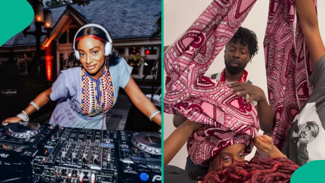 DJ Cuppy ties wrapper as headgear in funny video. DJ Cuppy ties wrapper as headgear in funny video.