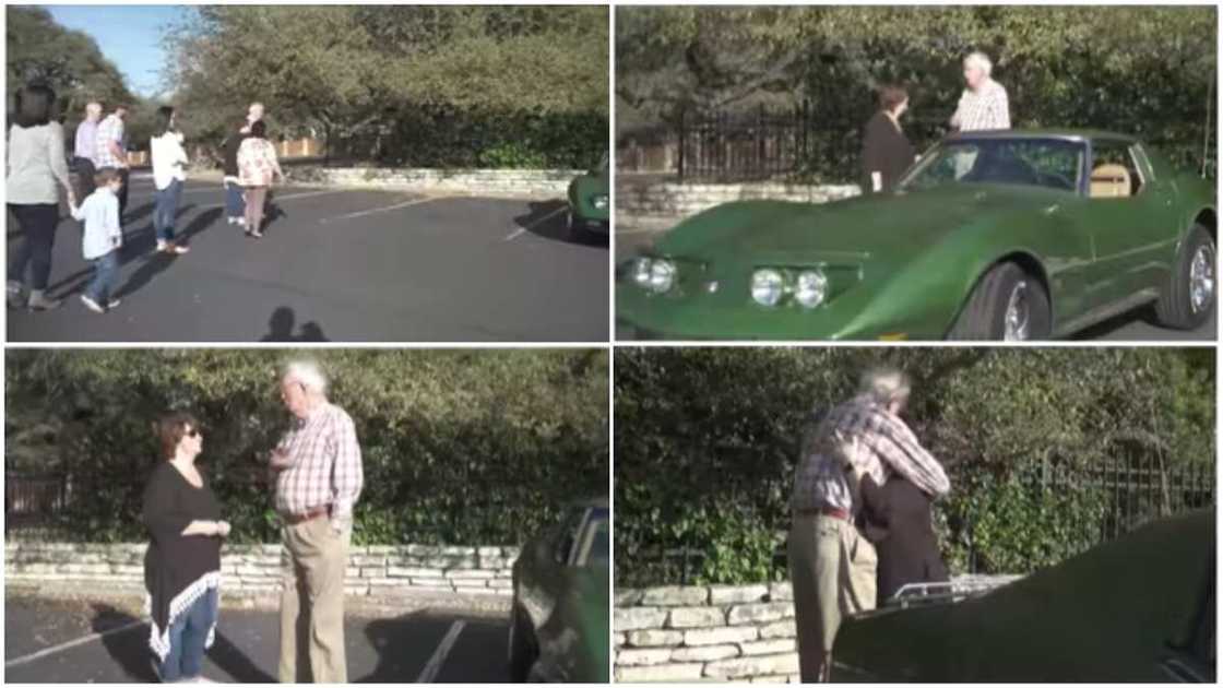 The man hugged his daughter who bought him a car. The man hugged his daughter who bought him a car.