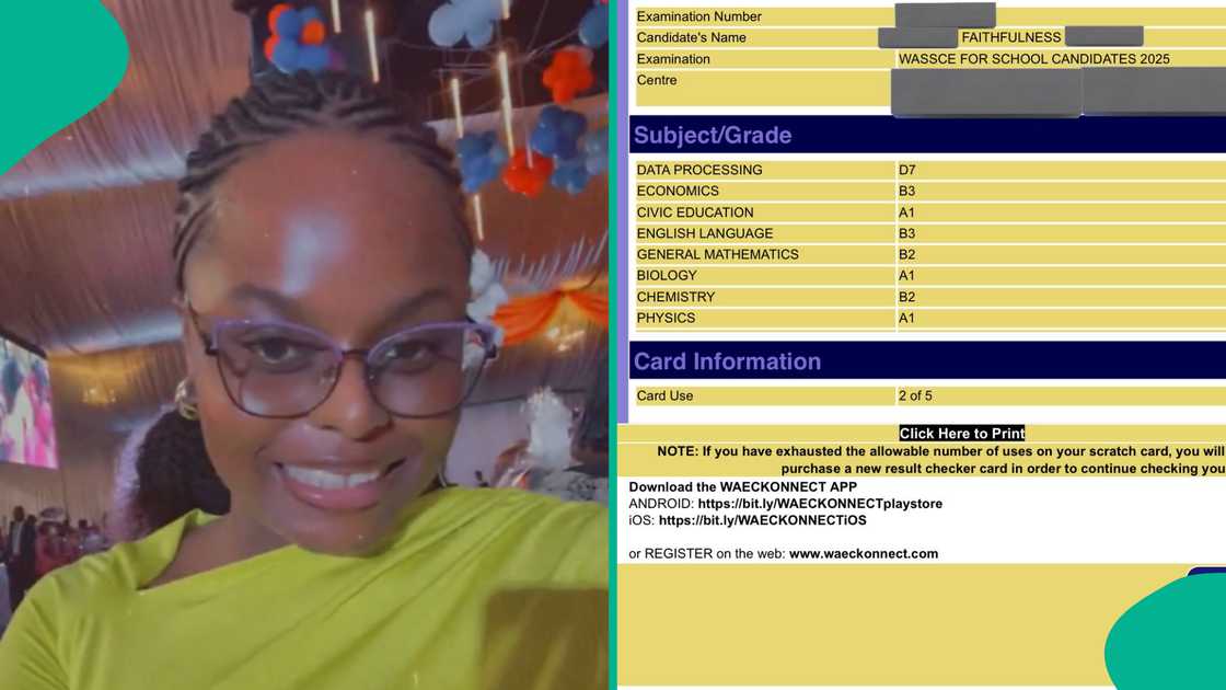 Lady shares her sister's WAEC result on social media. Lady shares her sister's WAEC result on social media.