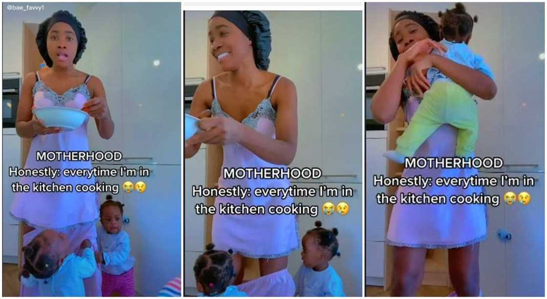 Photos shows twin mum's reaction after her babies pulled down her dress.