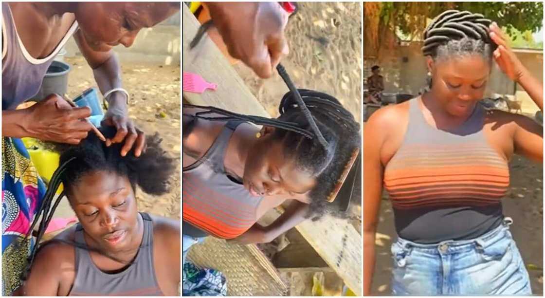 Photos of a lady making threaded hair.