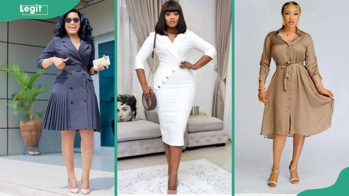 Ladies with Grey wrapped gown, white dress and beige shirt dresses.