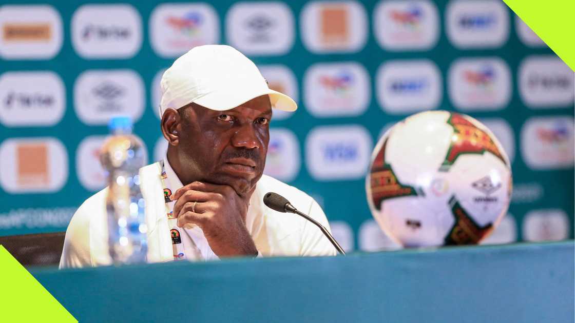 Augustine Eguavoen during a press conference at the 2021 AFCON Augustine Eguavoen during a press conference at the 2021 AFCON