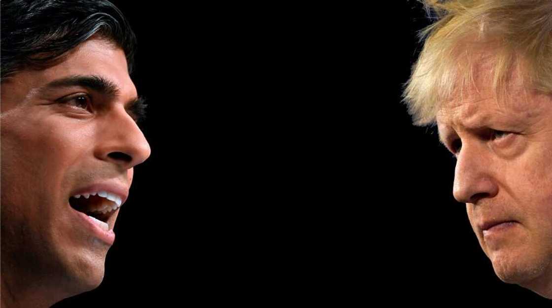 (COMBO) Britain's ex-prime minister Boris Johnson (R),  and former finance minister Rishi Sunak (L).