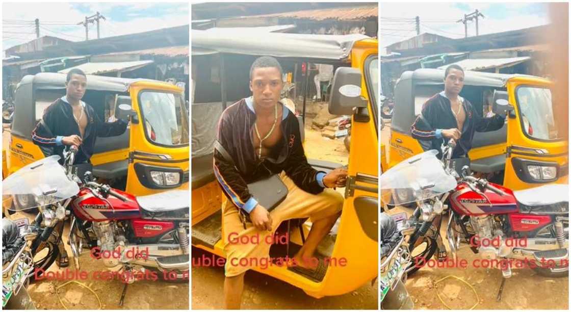 Photos of a Nigerian man posing with his motorcycle and Keke Napep.