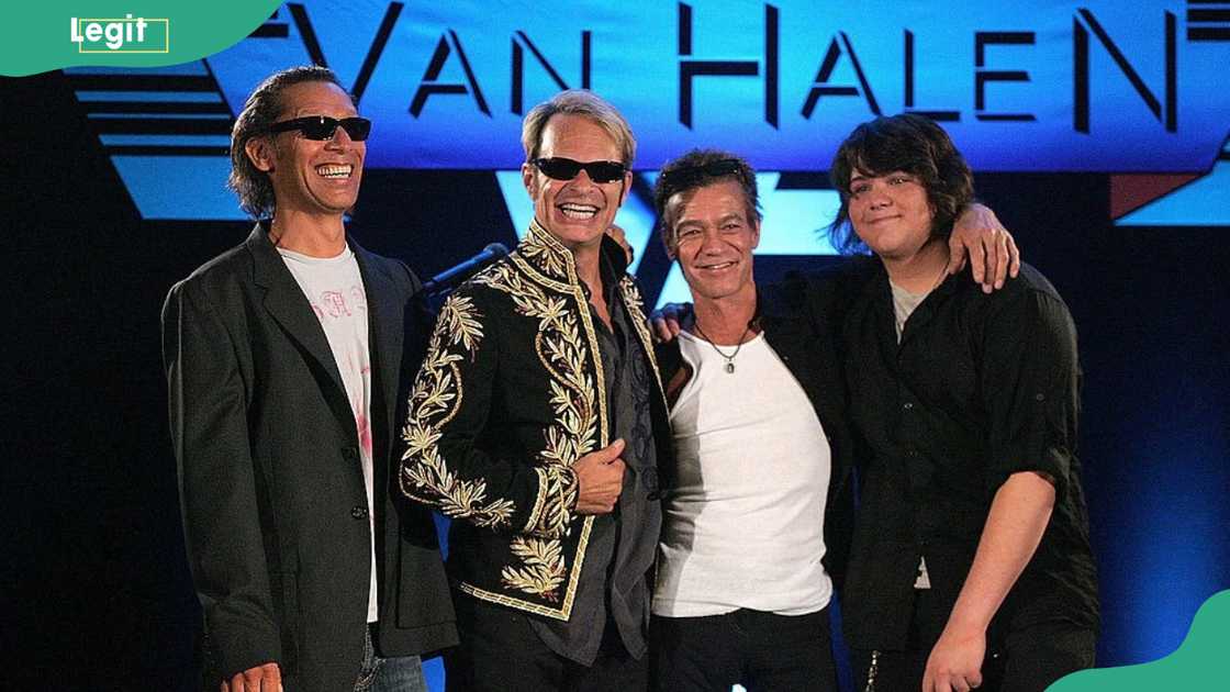 Drummer Alex Van Halen, singer David Lee Roth, guitarist Eddie Van Halen, and Guitarist Wolfgang Van Halen at the Four Seasons Hotel