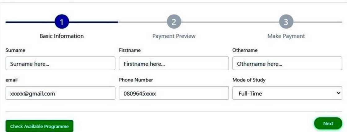 A screenshot of UniAbuja application form