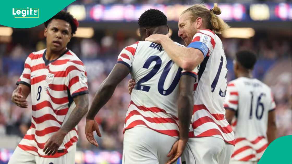 Weston McKennie and captain Tim Ream celebrating with Folarin Balogun after scoring for the United States. Photo by FIFA Weston McKennie and captain Tim Ream celebrating with Folarin Balogun after scoring for the United States. Photo by FIFA