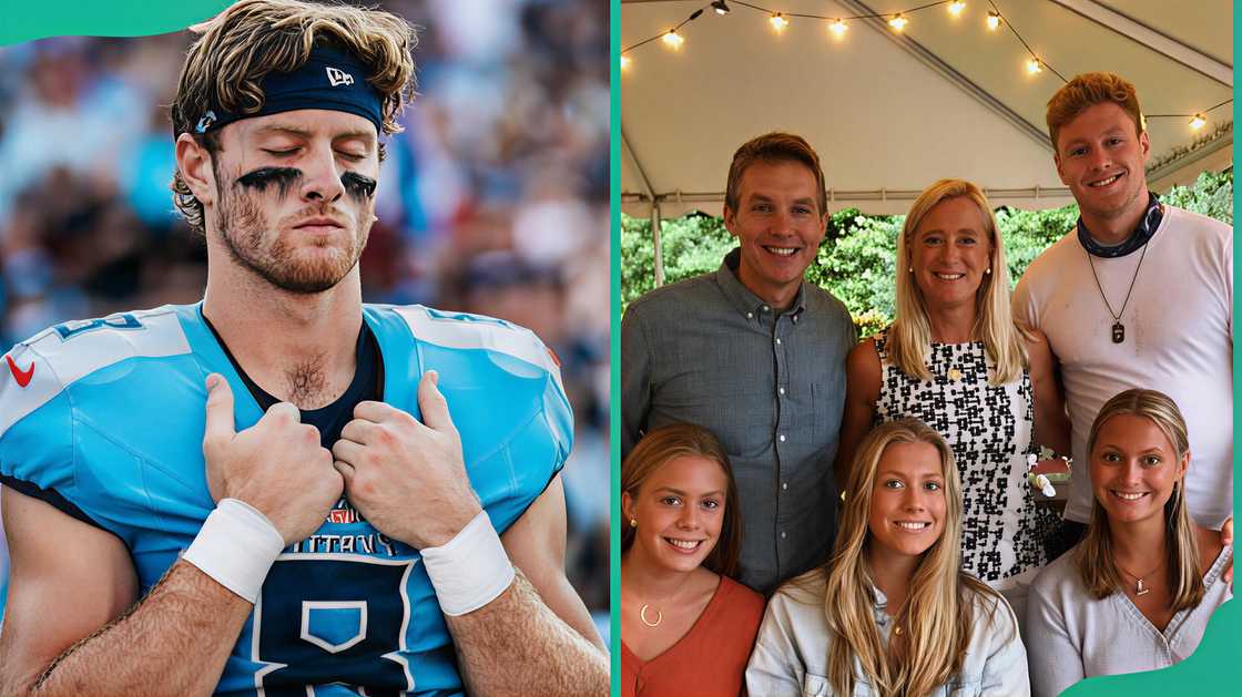 Will Levis praying before the game starts and his family posing for a photo