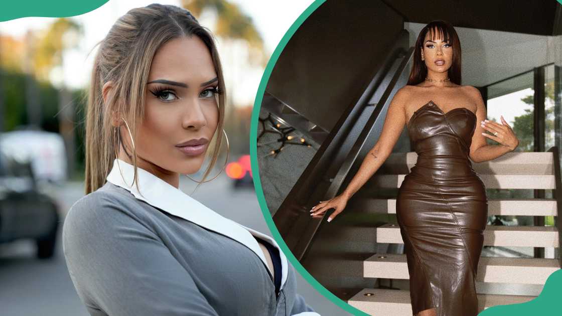 Amirah Dyme in a grey jacket and a brown strapless dress Amirah Dyme in a grey jacket and a brown strapless dress